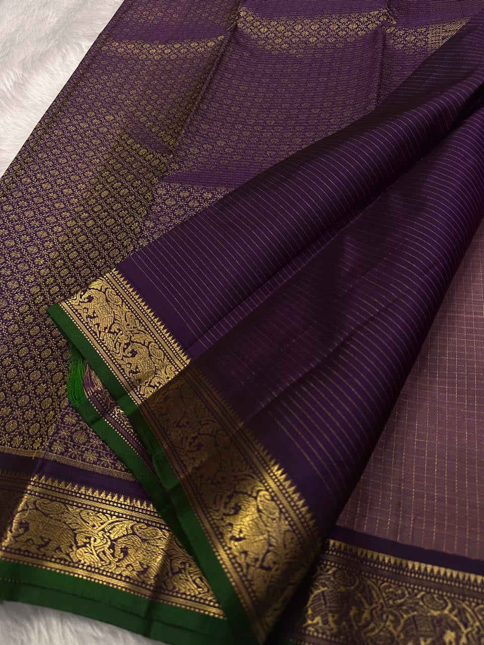 Padmika – Graceful Pink Zari Kattam Kanchipuram Silk Saree with Majestic Purple Vanasringaram Border & Green Selvedge