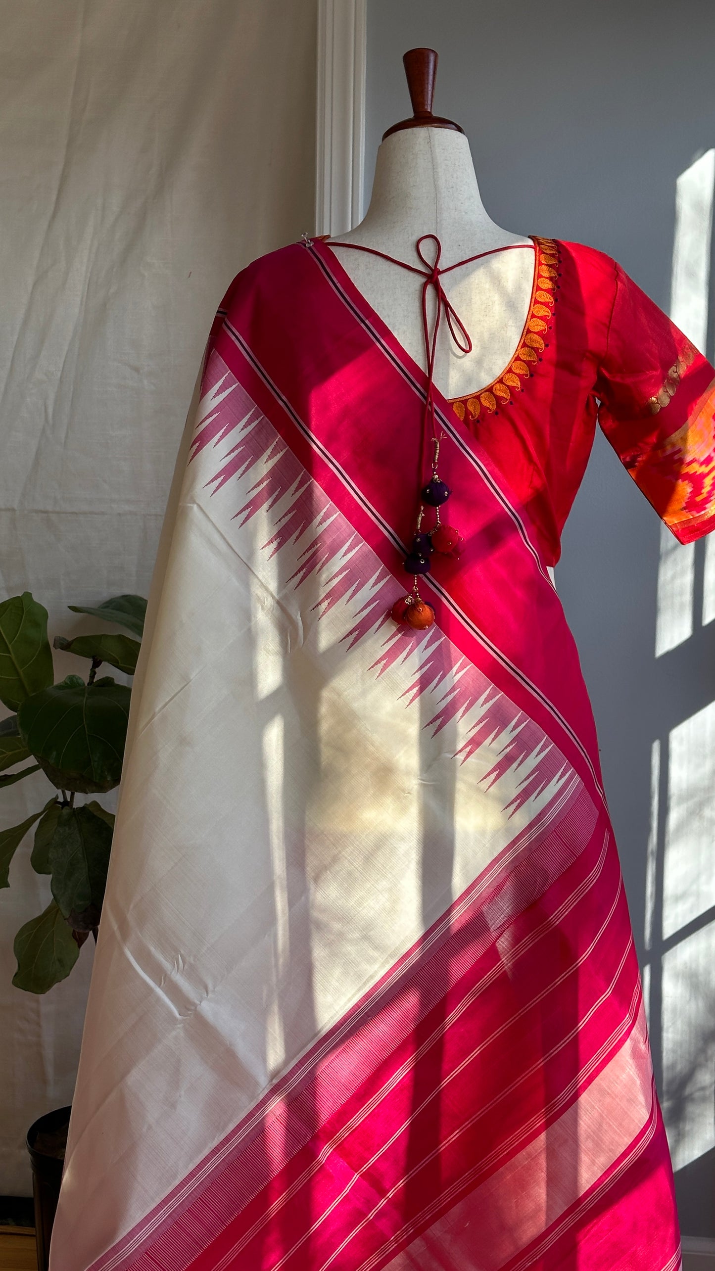 "shree" collection - pure silk embroidery blouse with chosen motifs in ikat silk orange red and purple