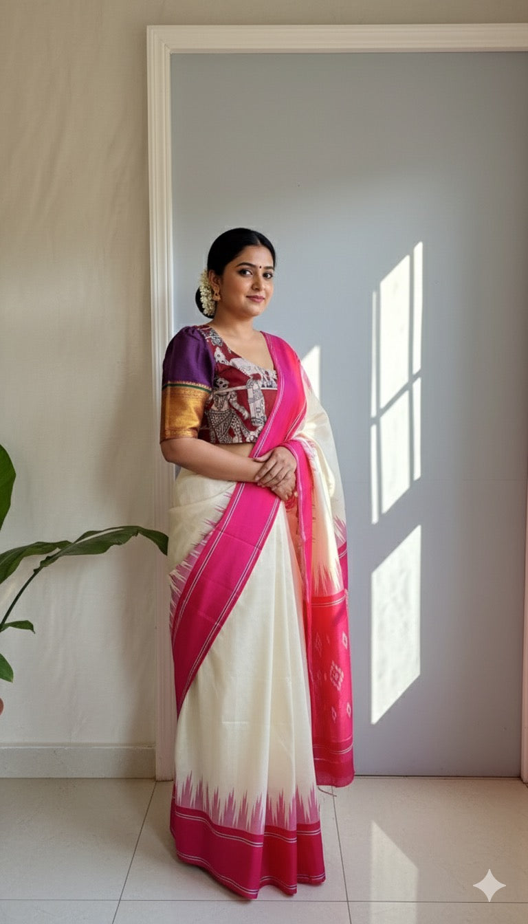 "Charu" collection - narayanpet and kalamkari blouse in purple and red