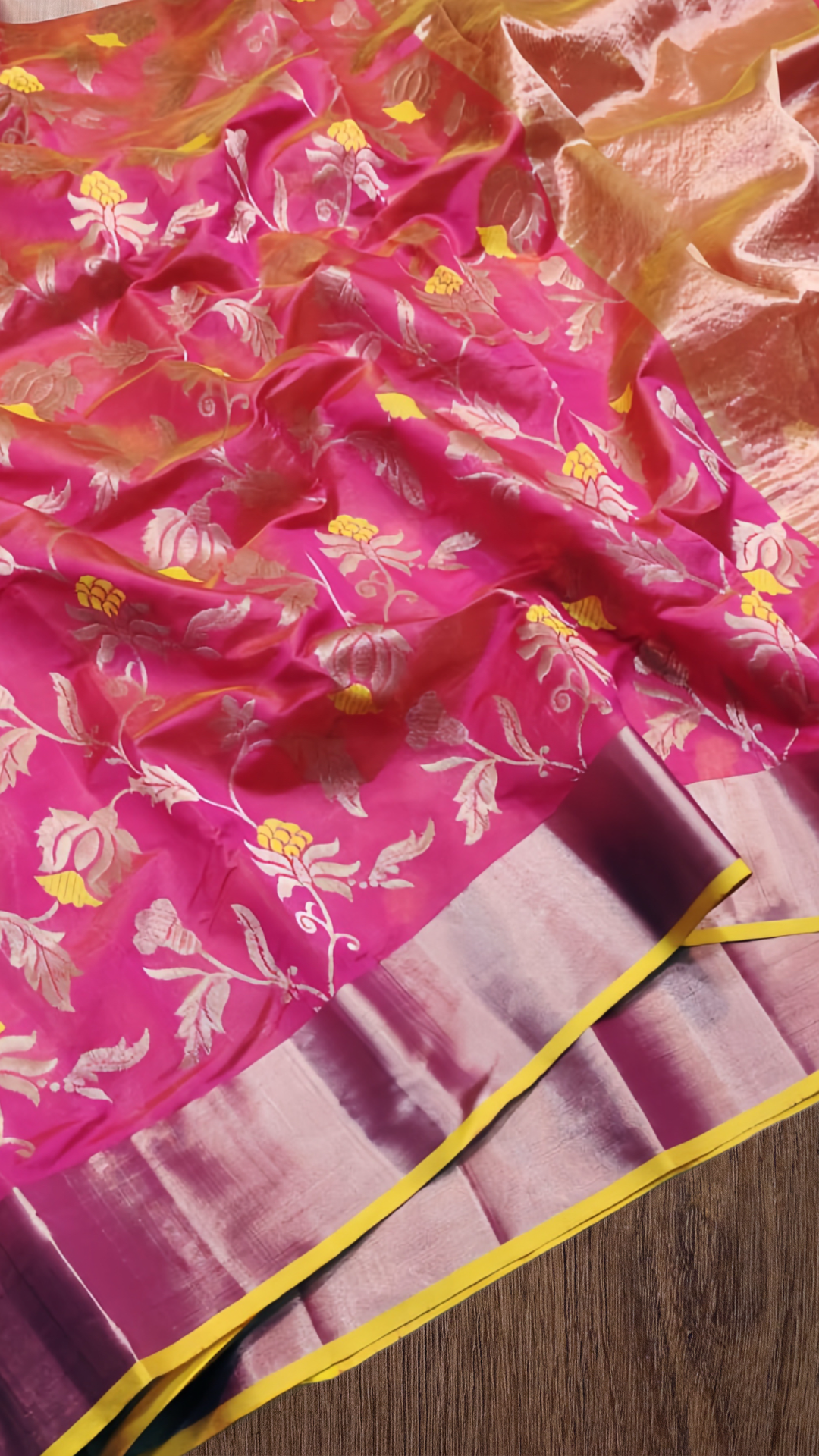 Pure silk Chanderi Pink and yellow butti saree- all over jaal