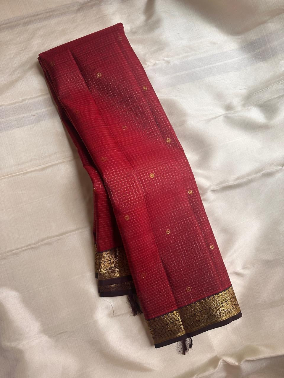 Maroon kattam wirh deep coffee brown shot purple silk Kanchipuram saree with vanasringaram border and Pallu