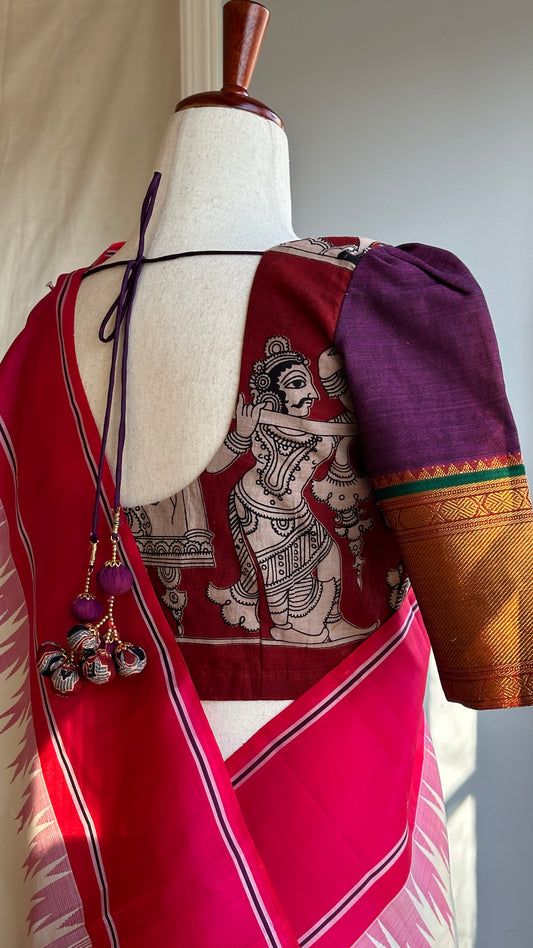 "Charu" collection - narayanpet and kalamkari blouse in purple and red