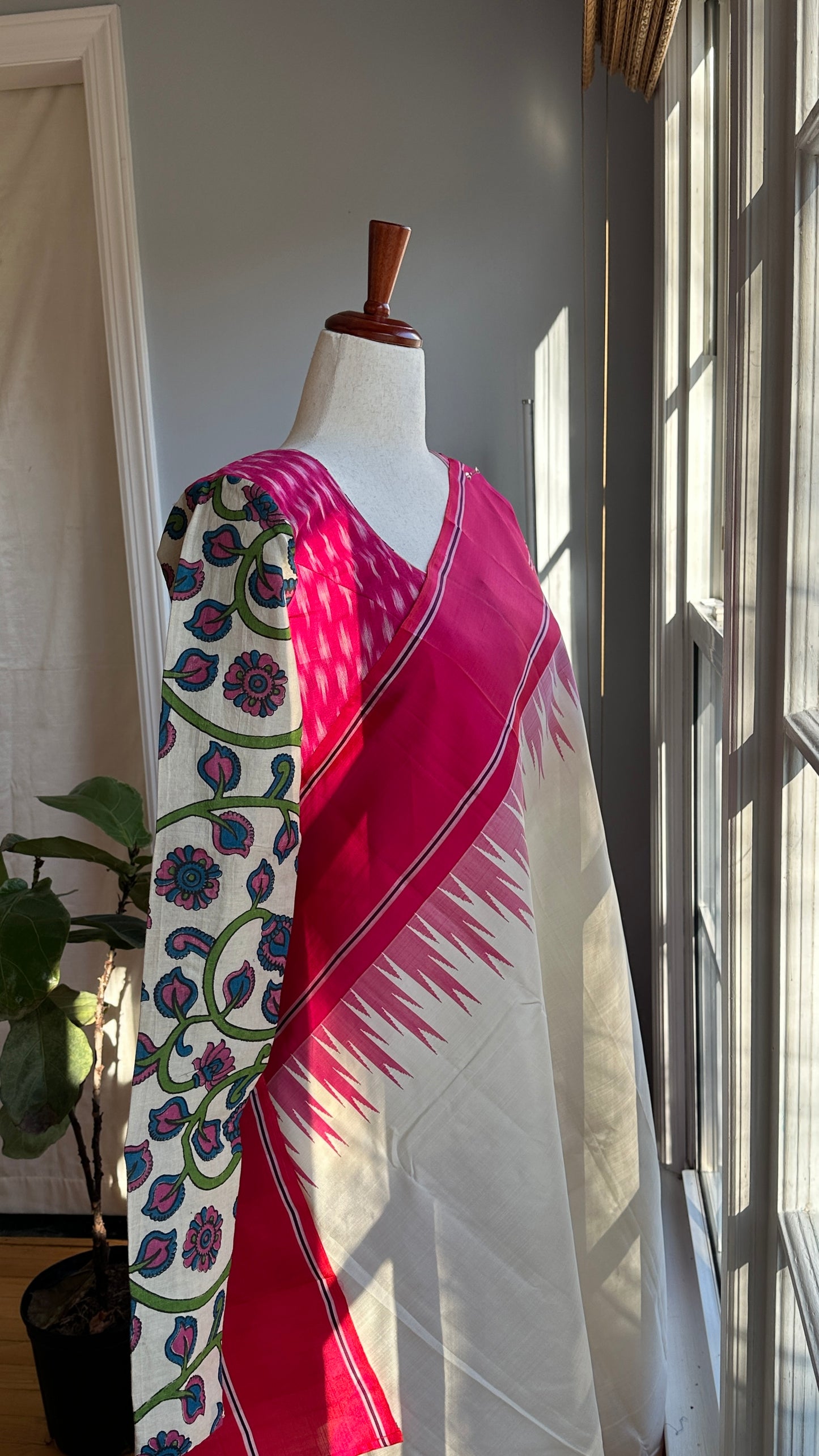 "Charu" collection - Ikat and kalamkari blouse in pink,green and white