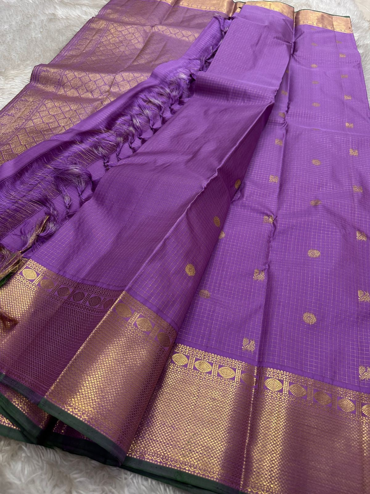 Challani – Regal Purple Kanchipuram Silk Saree with Zari Checks and Buttas & arai maadam Border and rudrakshapet with muthu seer