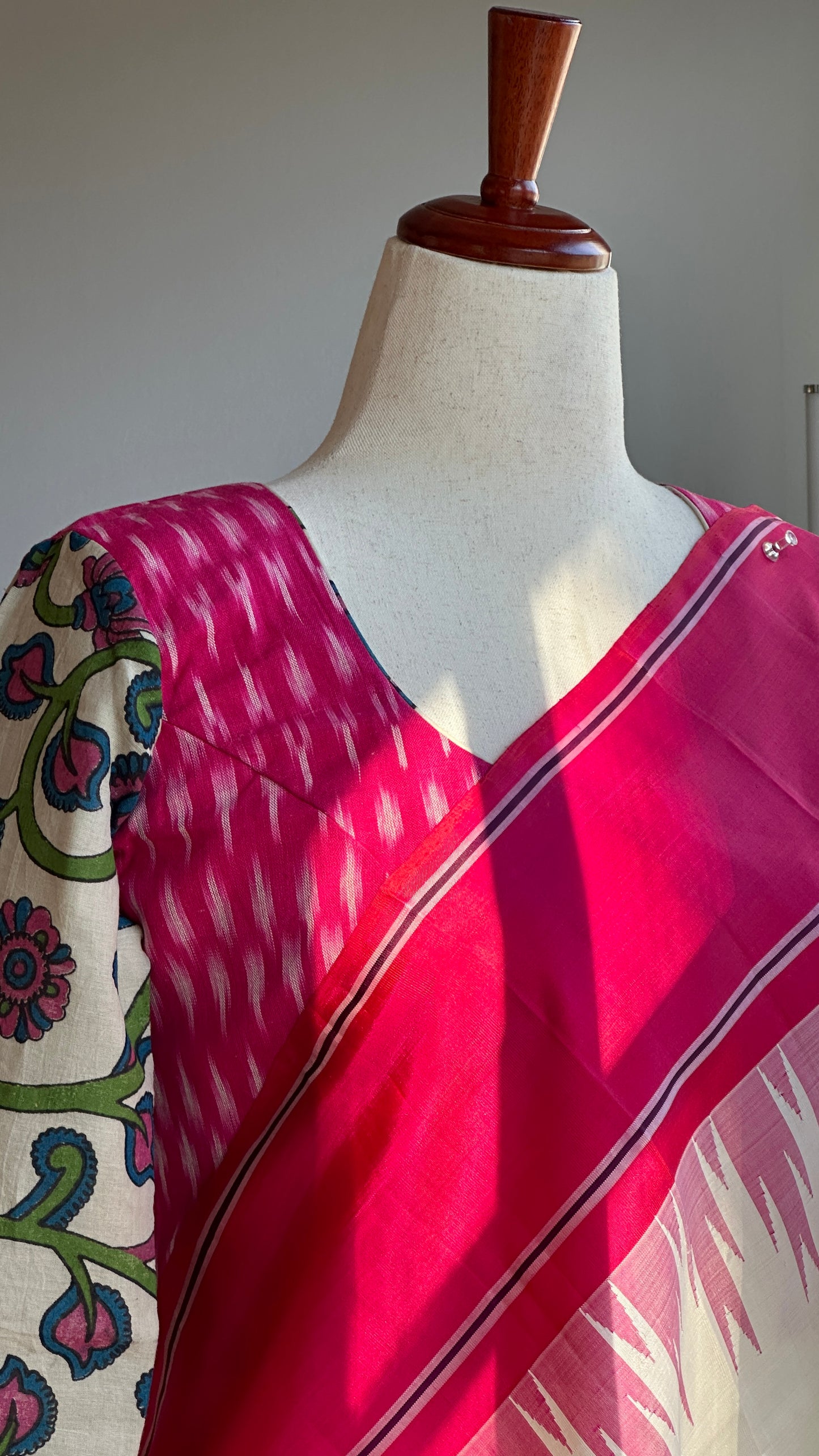 "Charu" collection - Ikat and kalamkari blouse in pink,green and white