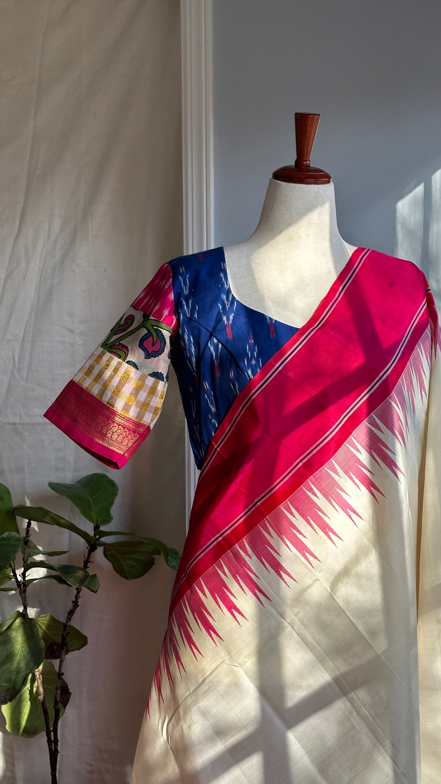 "Charu" collection - Ikat, kalamkari kasavu with zari border blouse