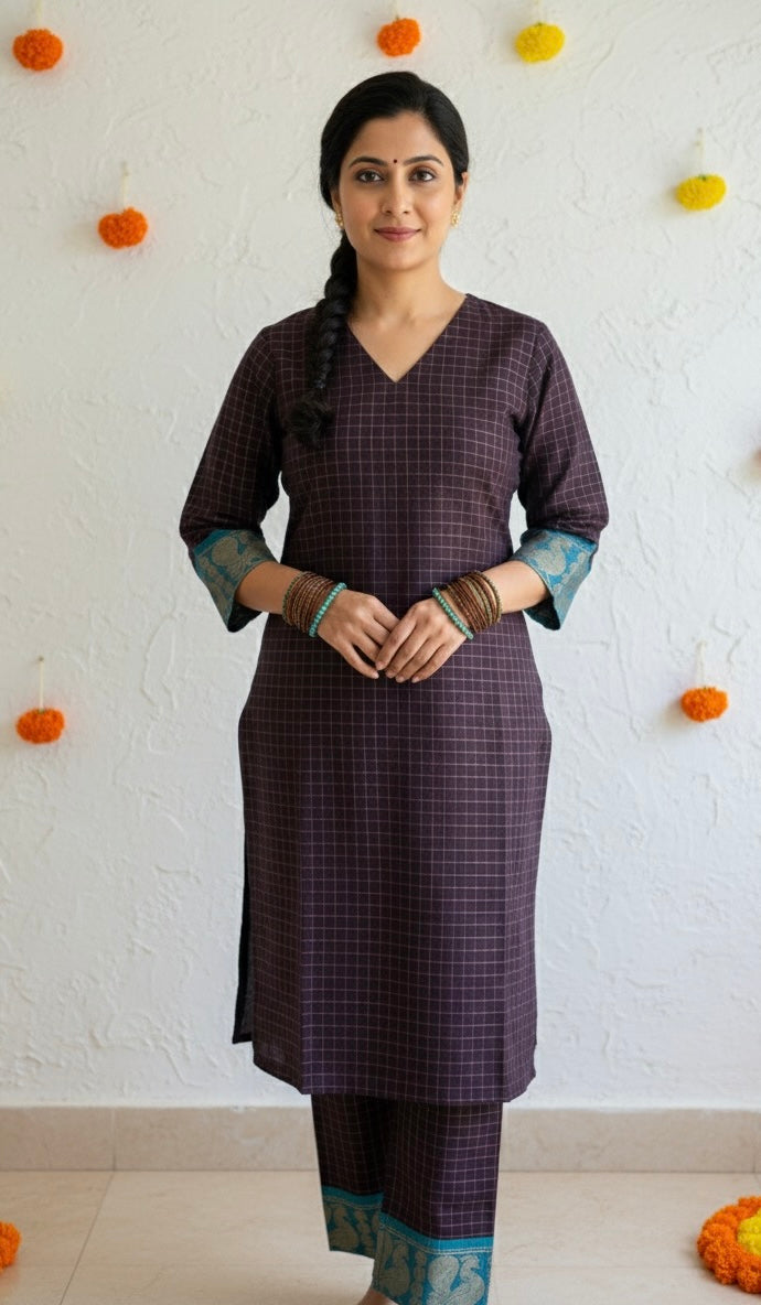 Vanappu — Jamun & Aqua Sungudi Zari Kattam Kurti Set
Deep Jamun Purple Handspun Cotton with Aqua Zari Mayil Borders & Kattam Checks ✨
Handwoven in Madurai • Fully Lined • Free USA Shipping • Ready to Ship ✅