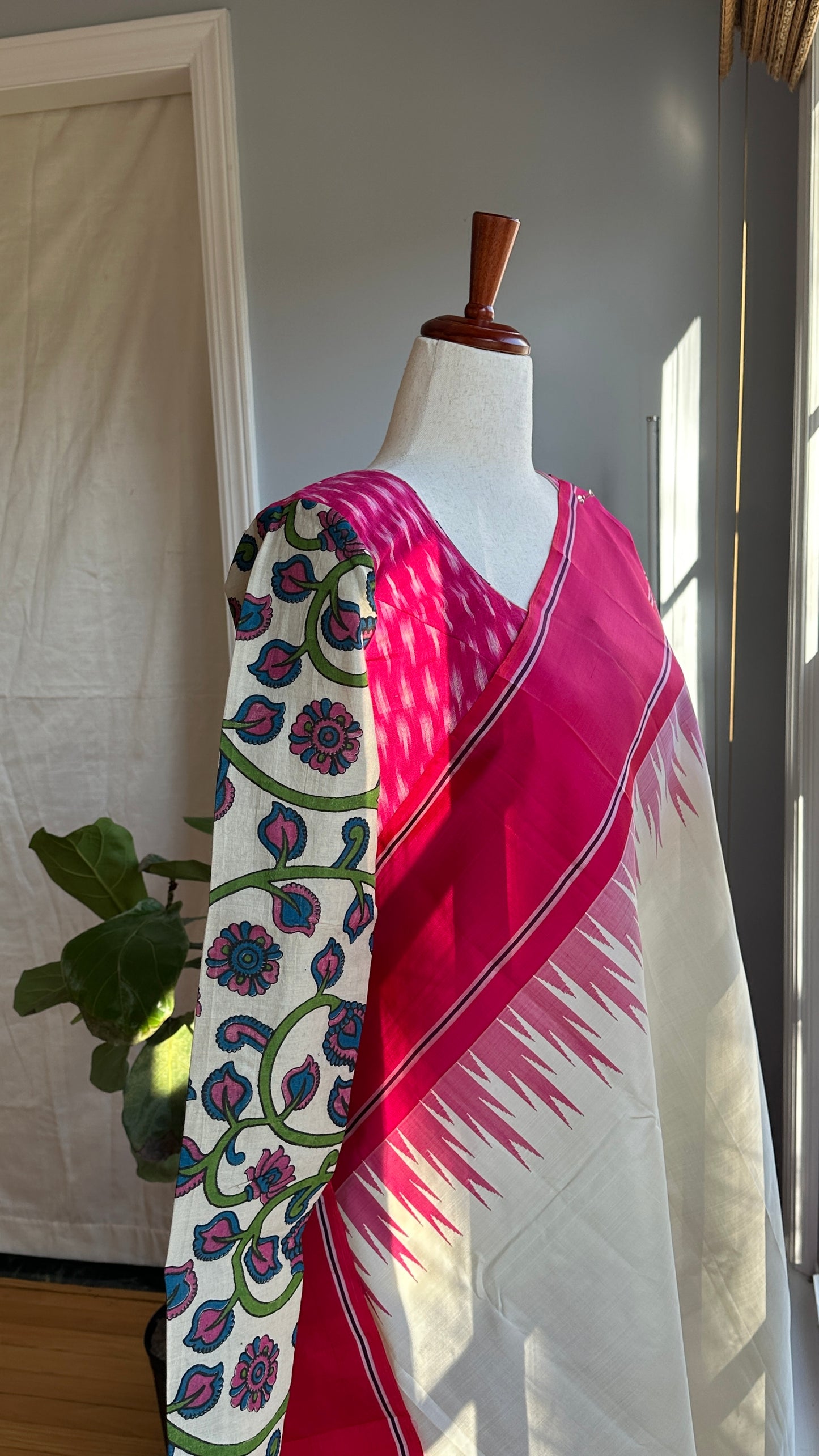 "Charu" collection - Ikat and kalamkari blouse in pink,green and white