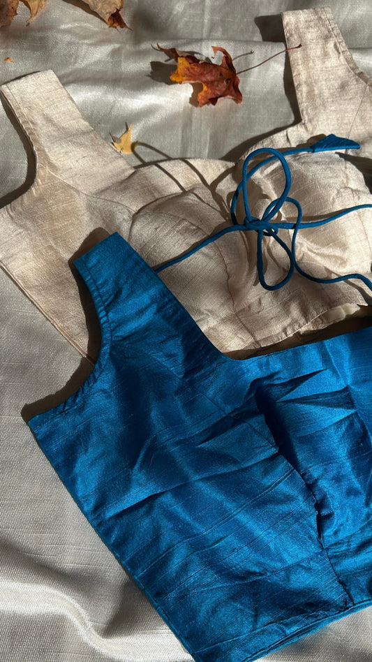 Pure raw silk blouse sleeveless - Blue