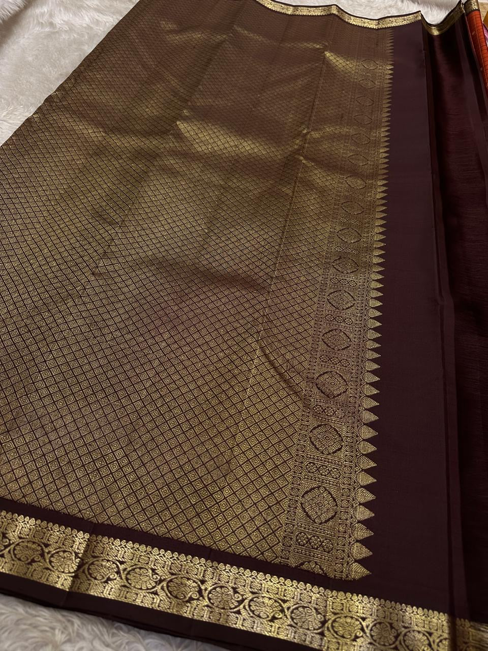 Terracotta Temple – Pure Kanchipuram Silk Saree
Brick red body with fine zari grid checks & golden buttas ✨
Deep coffee-maroon borders and grand diamond-jaal pallu in antique gold.
