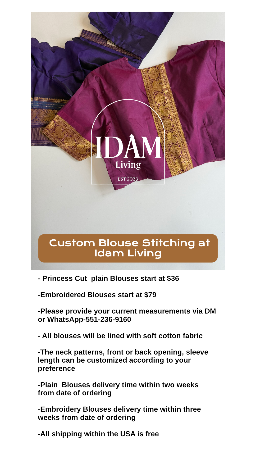 Your Fit, Your Style — Custom Blouse Stitching for Your Unique Shape
Choose Your Fabric • Customize Your Color • Perfect Princess Cut Finish
Delivery in 3–4 Weeks • Free Shipping Across the USA