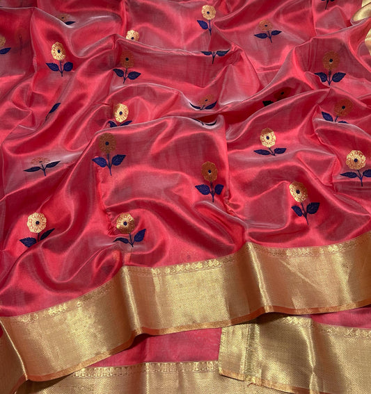Pure silk Chanderi handloom in an unusual smoky translucent red with a pretty floral motif in zari and deep blue Mina