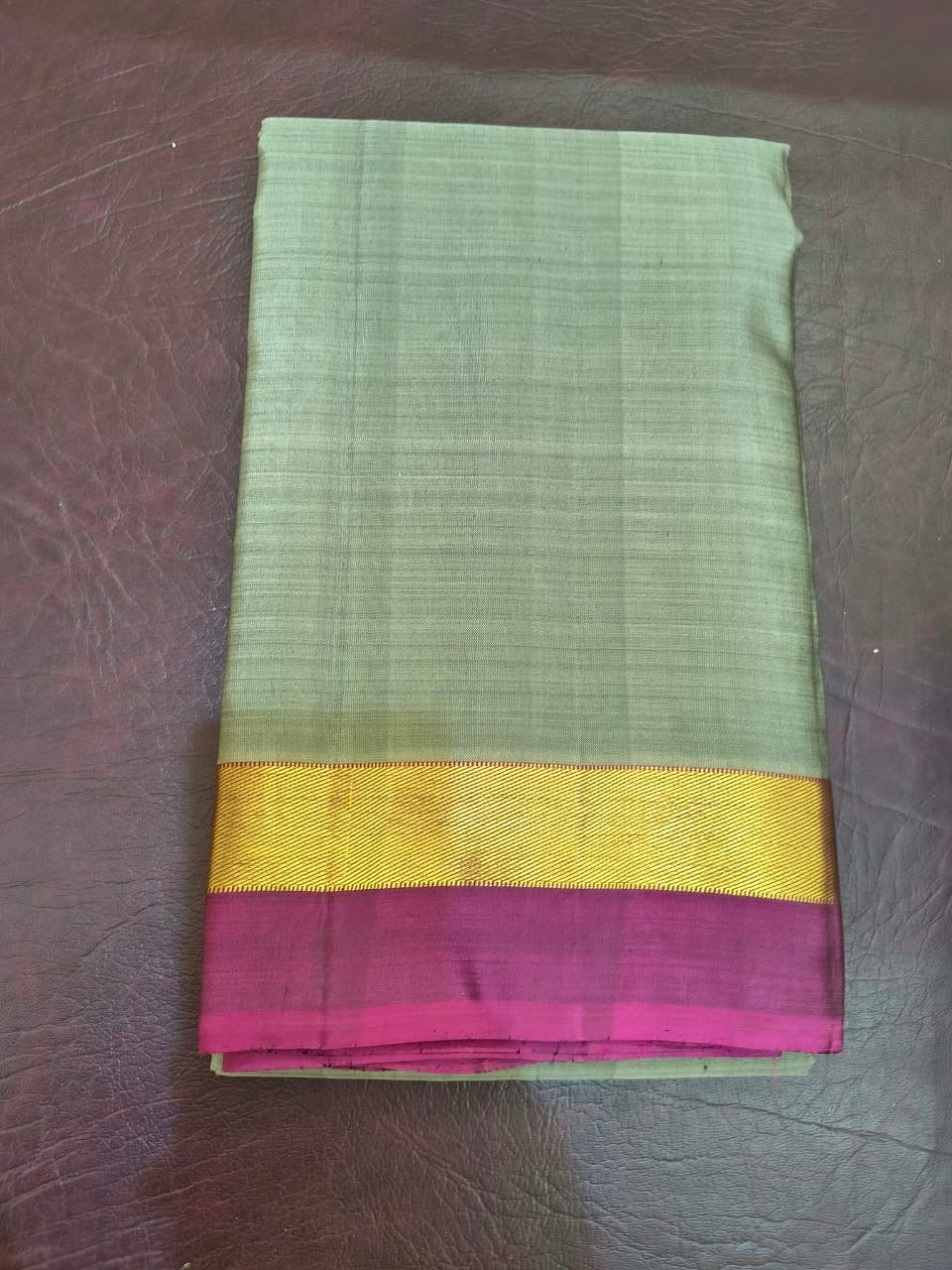 Kanchipuram Silk Saree • Lightweight Silk Weave • Sage Green with Pink