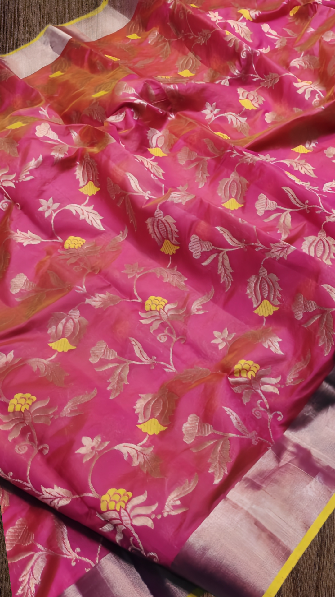 Pure silk Chanderi Pink and yellow butti saree- all over jaal