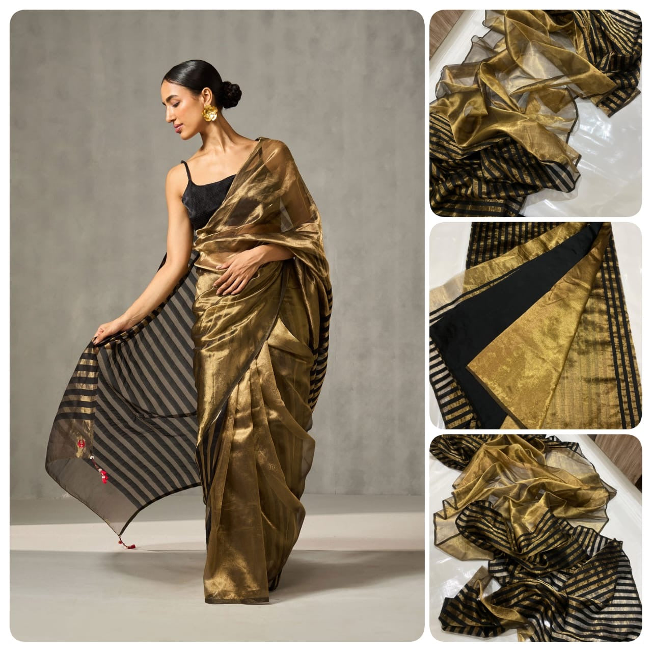 Black chanderi beauty adorned with gold zari pure chanderi tissue silk saree