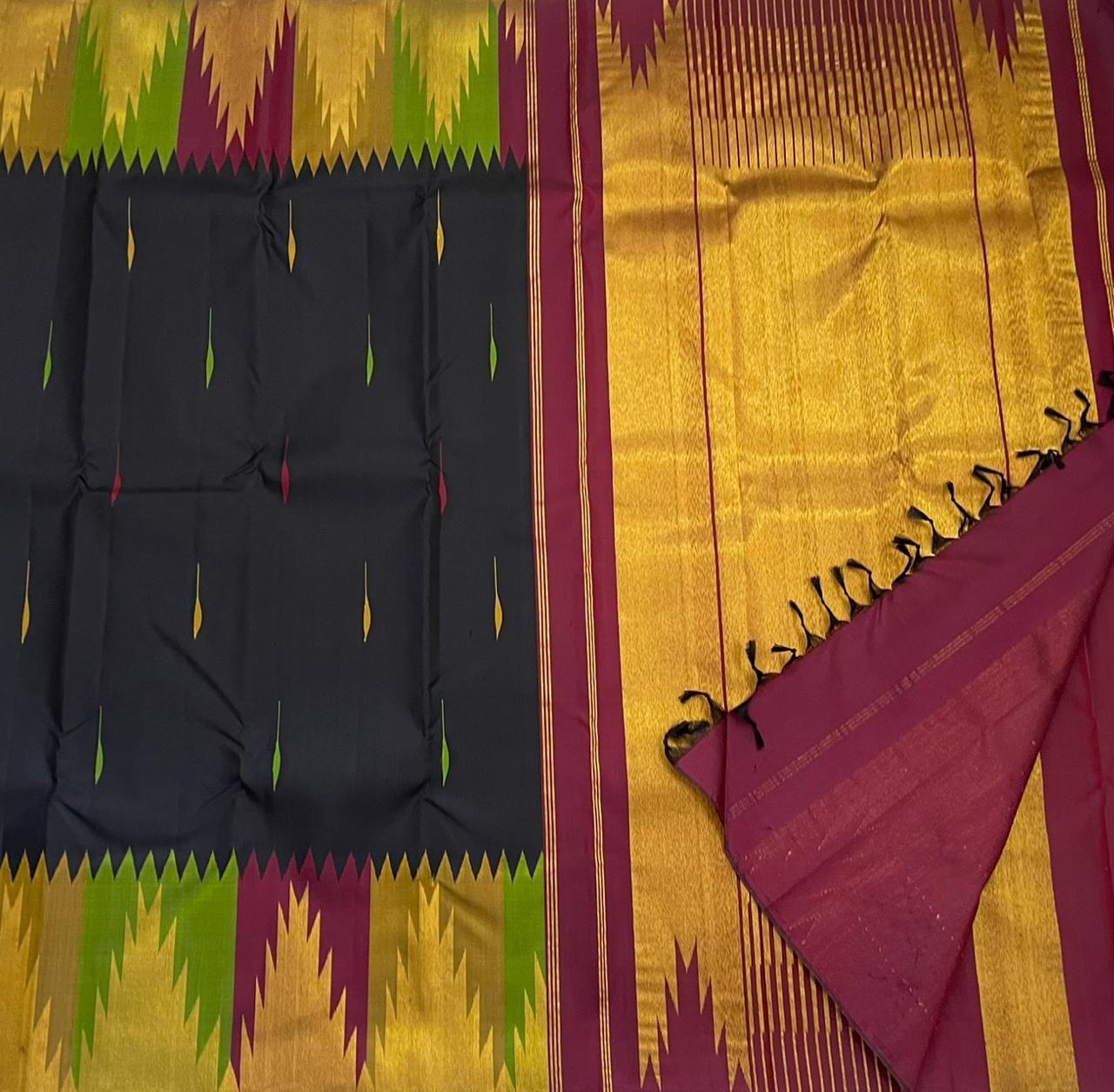 Ettukol Karuppu — Pure Silk Kanchipuram
Inky-black body with parrot-green & mustard buttas, korvai temple peaks in gold, wine & green ✨
Silk Mark Certified • Ships in Two Weeks • Free Shipping within USA