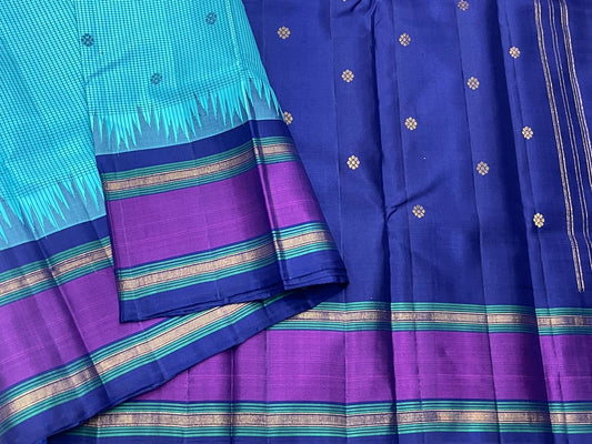 Amethyst Neelam • Pure Silk Kanchipuram Saree
Aqua–Teal Body with Silk-Thread Buttas • Navy Pallu & Amethyst Borders
Silk Mark Certified • Free USA Shipping • Ships in Two Weeks ✅
