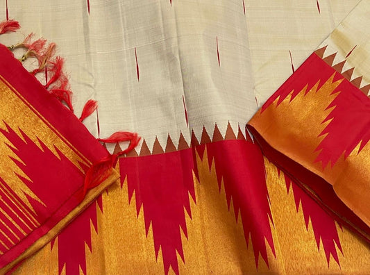 Vermillion Venpattu Ettukol — Pure Kanchipuram Silk 
Ivory venpattu body with fine red temple -motifs in ettukol weaving 
Vermilion-red &gold korvai temple (reku) borders
Mullai moggu woven motifs on body  
Silk Mark Certified | Free Shipping within US