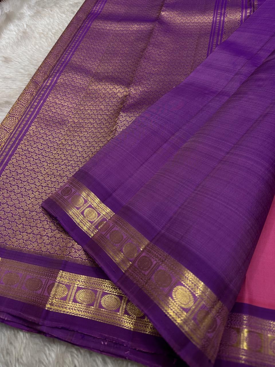 Varnam – Pastel Pink Kanchipuram Silk Saree with Lilac Purple Rudraksha Zari Border & Ornate Kamalam Pallu | Pure Handloom Heritage