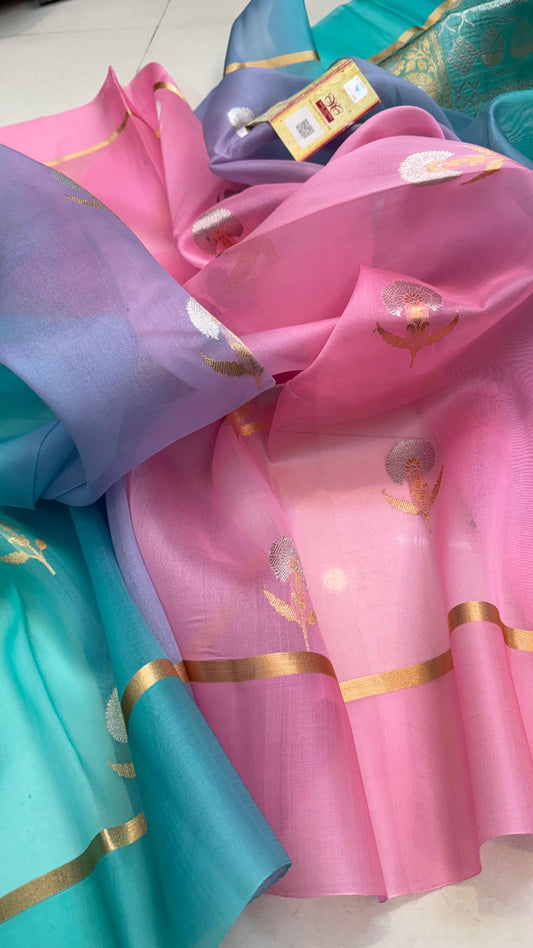 Pure Ektara Kora Silk Handloom Banarasih Saree Parrot green to aqua blue ombré • Kadhua sona-roopa floral buttas • Raw-Mango style minimal weave Silk Mark Certified ✅ • Free USA Shipping ✅ • ships in 2 weeks ✅