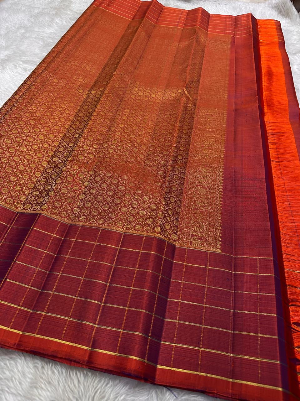 Minmini – Deep Purple Pure Kanchipuram Silk Saree with Gold Zari Buttas, Fiery Orange Checked Zari Border & Rich Gold Brocade Pallu with Traditional Motifs