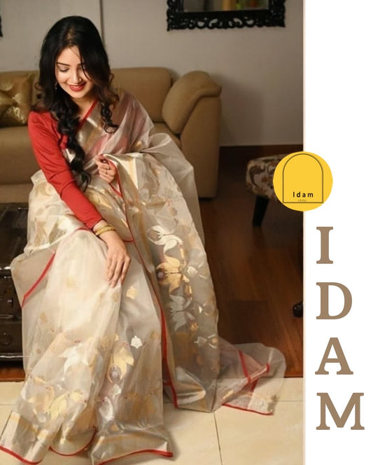 Pure silk Chanderi Handloom cream and maroon sona roopa parrot butti saree