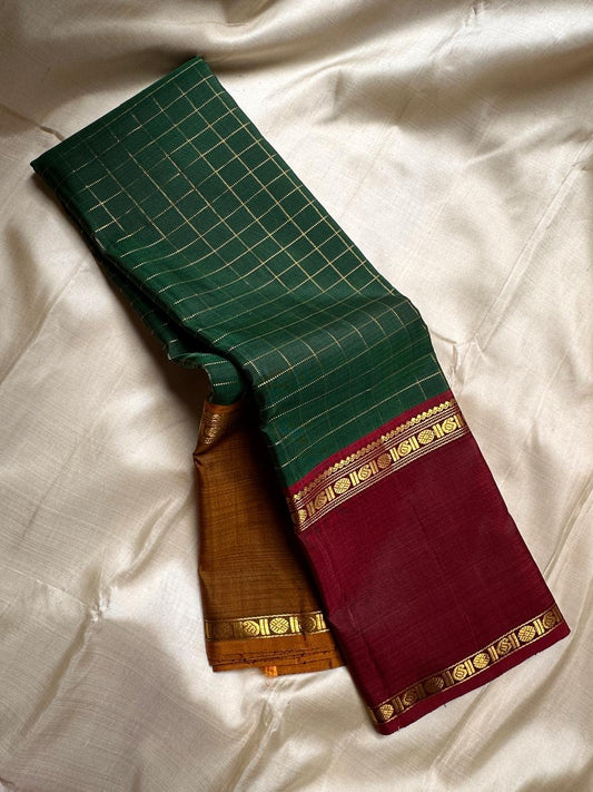 Pure silk kanchipuram saree green kattam checks with rettapet maroon  border ganga jamuna zari kattam