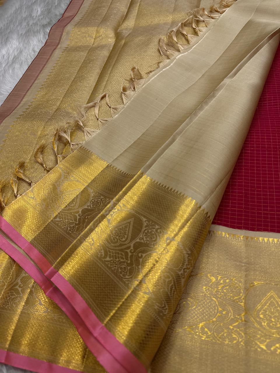 Senthamarai – Deep Cherry Red Zari Kattam Pure Kanchipuram Silk Saree with Biscuit Beige Border, Pink Peacock Motifs & Zari Striped Blouse (Silk Mark Certified)