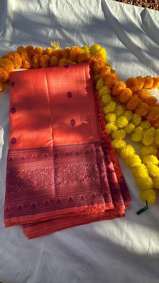 Pure silk kanchipuram saree peach saree with purple silk thread weaving no zari style pure silk border