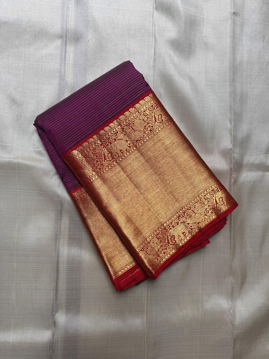 Aubergine Purple pure silk Kanchipuram saree, Vairaoosi weave with Antique Gold Zari border — blouse piece detail