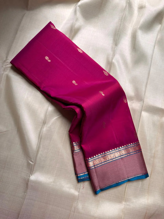 Pink Lily — Pure Silk Kanchipuram
Rani-pink body with zari buttas, dusty-mauve korvai borders & teal selvedge highlights ✨
Silk Mark Certified • Antique Zari Weave • Ships in Two Weeks • Free Shipping within USA