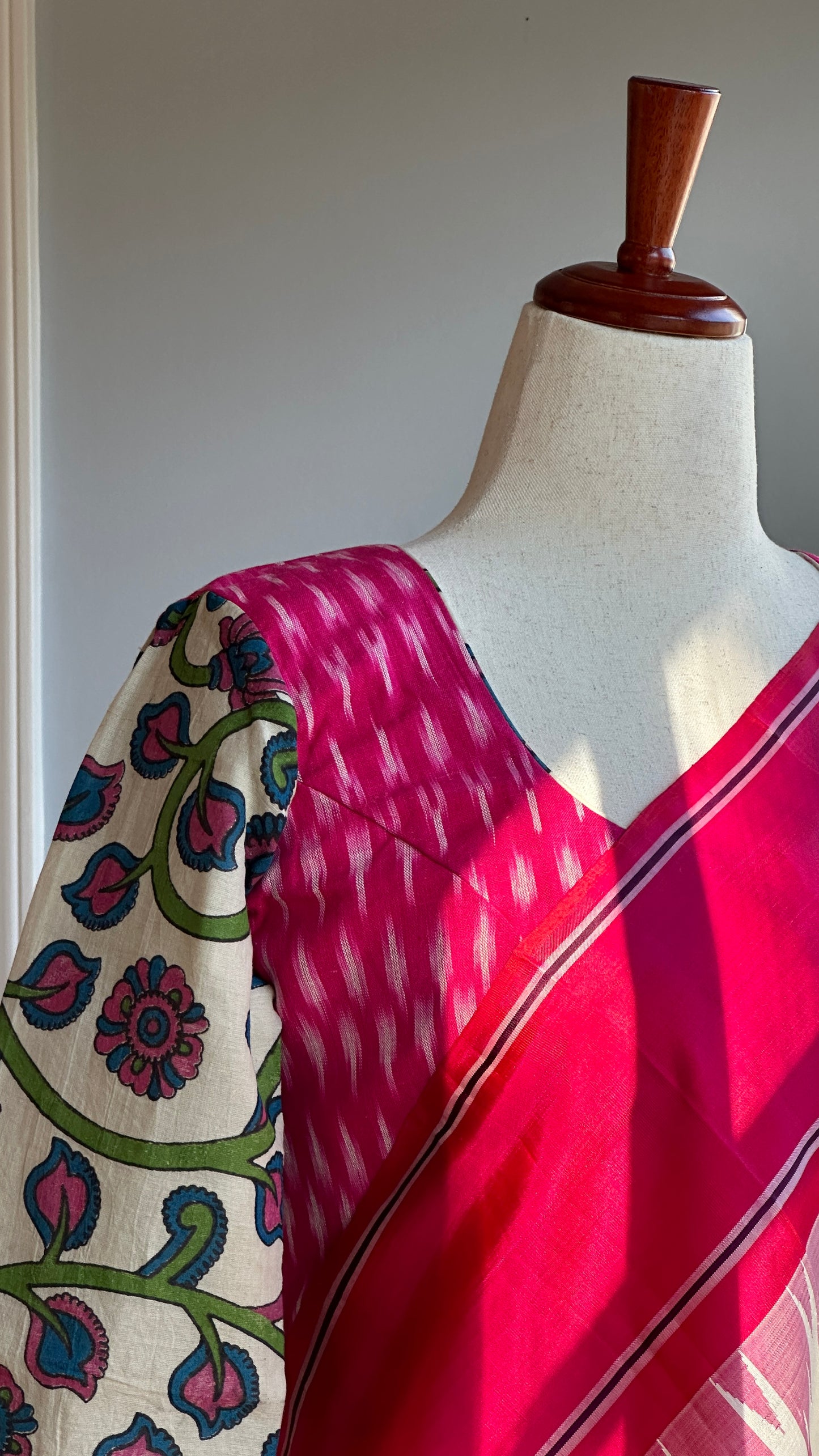 "Charu" collection - Ikat and kalamkari blouse in pink,green and white
