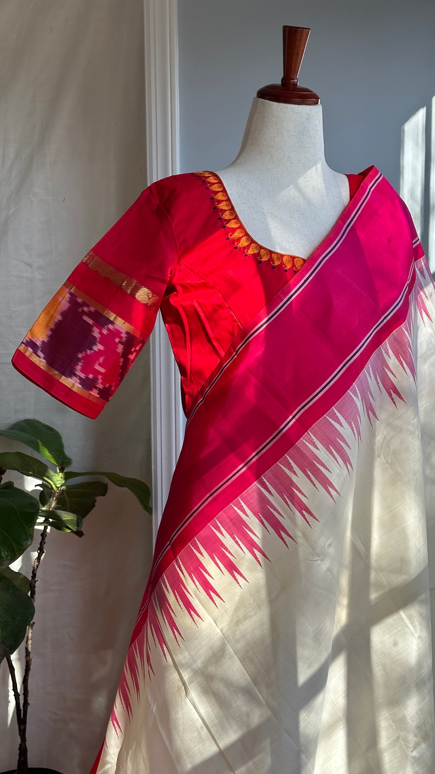 "shree" collection - pure silk embroidery blouse with chosen motifs in ikat silk orange red and purple