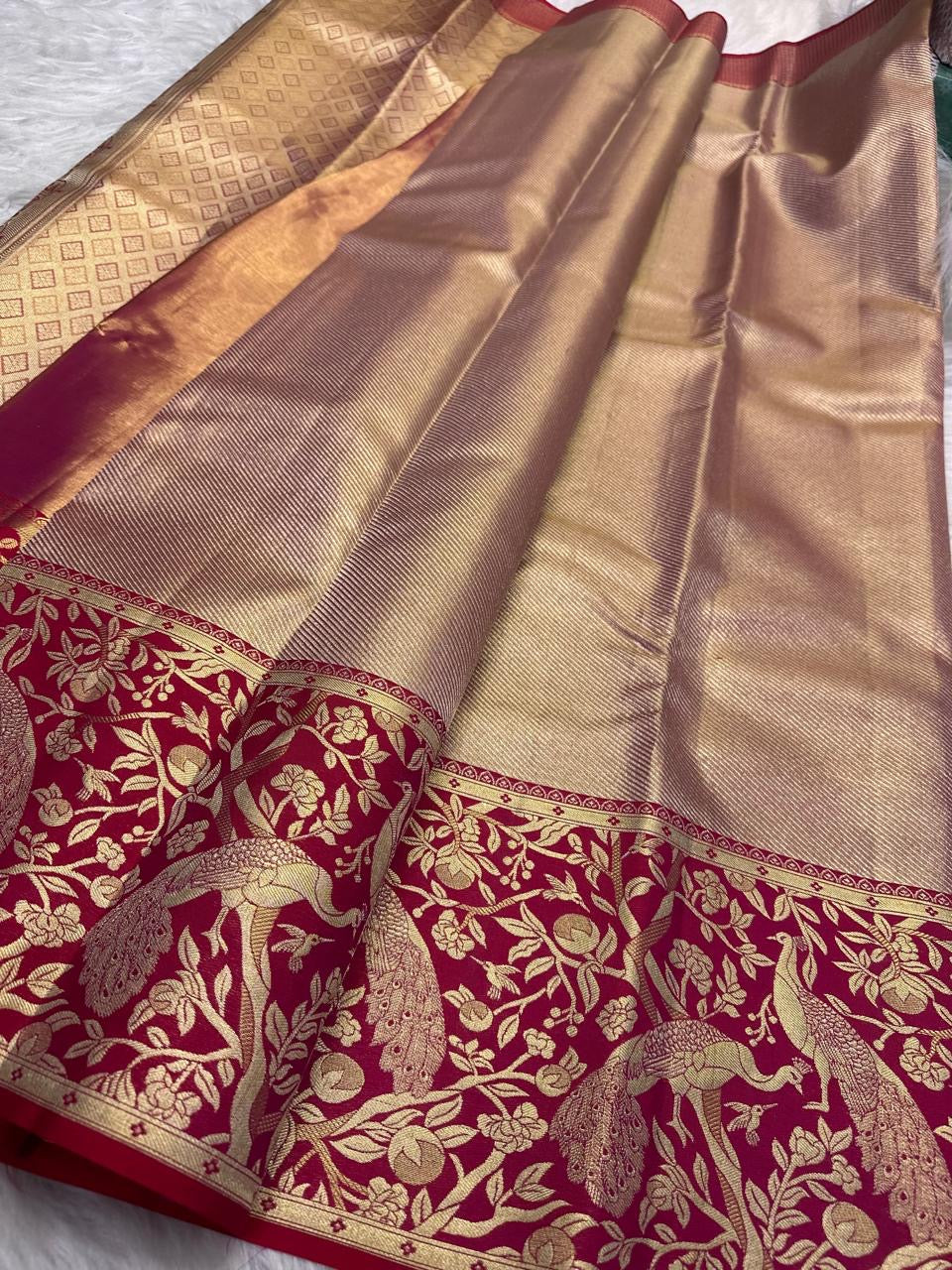Champagne beige and crimson Kanjivaram silk saree with antique-gold zari