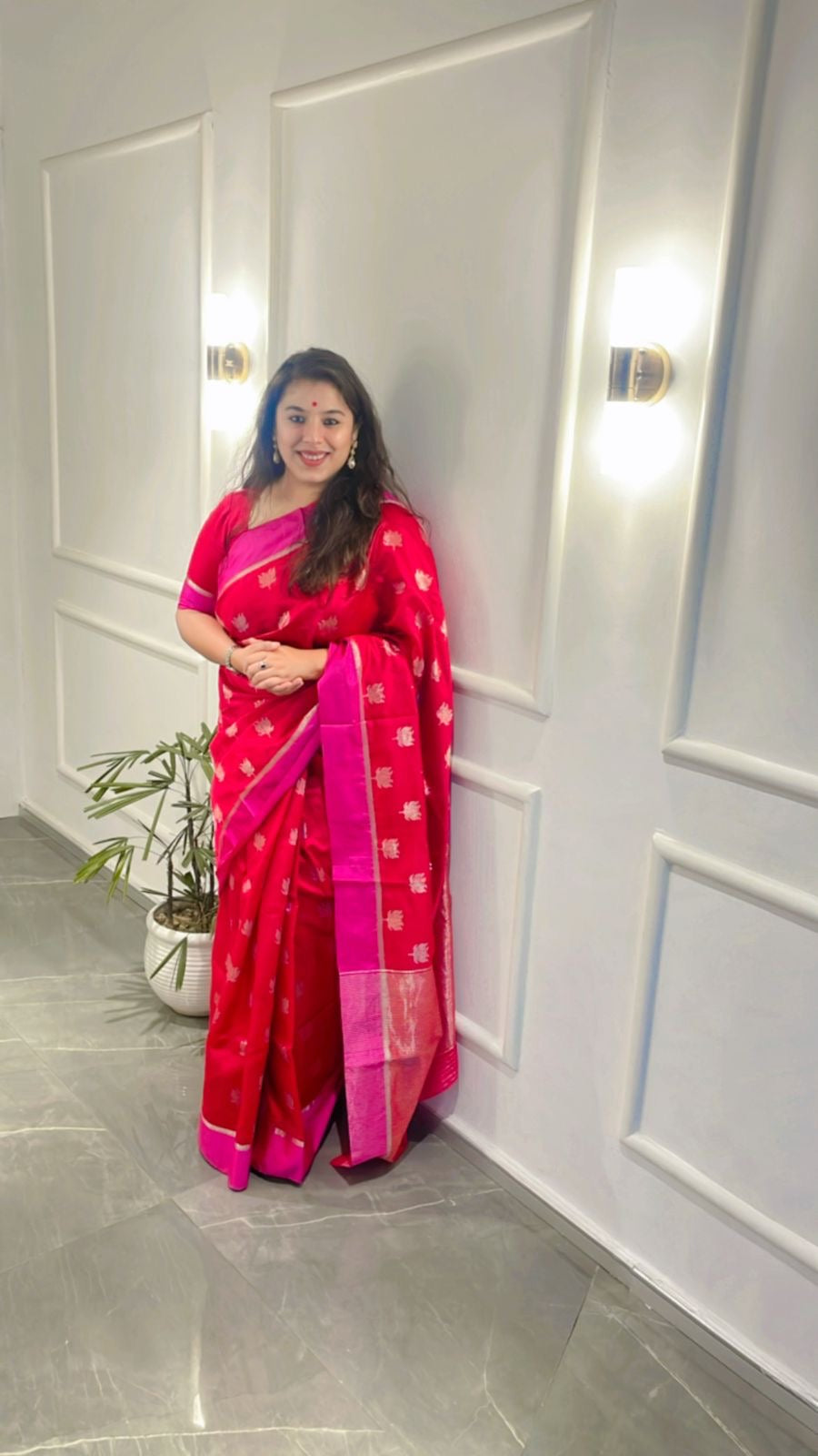 Pure silk Chanderi red and pink saree