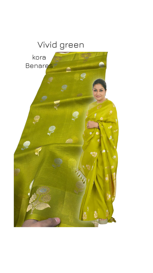 Pure Kora silk Banarasi saree - kadhwa - chartreuse , Lime Green