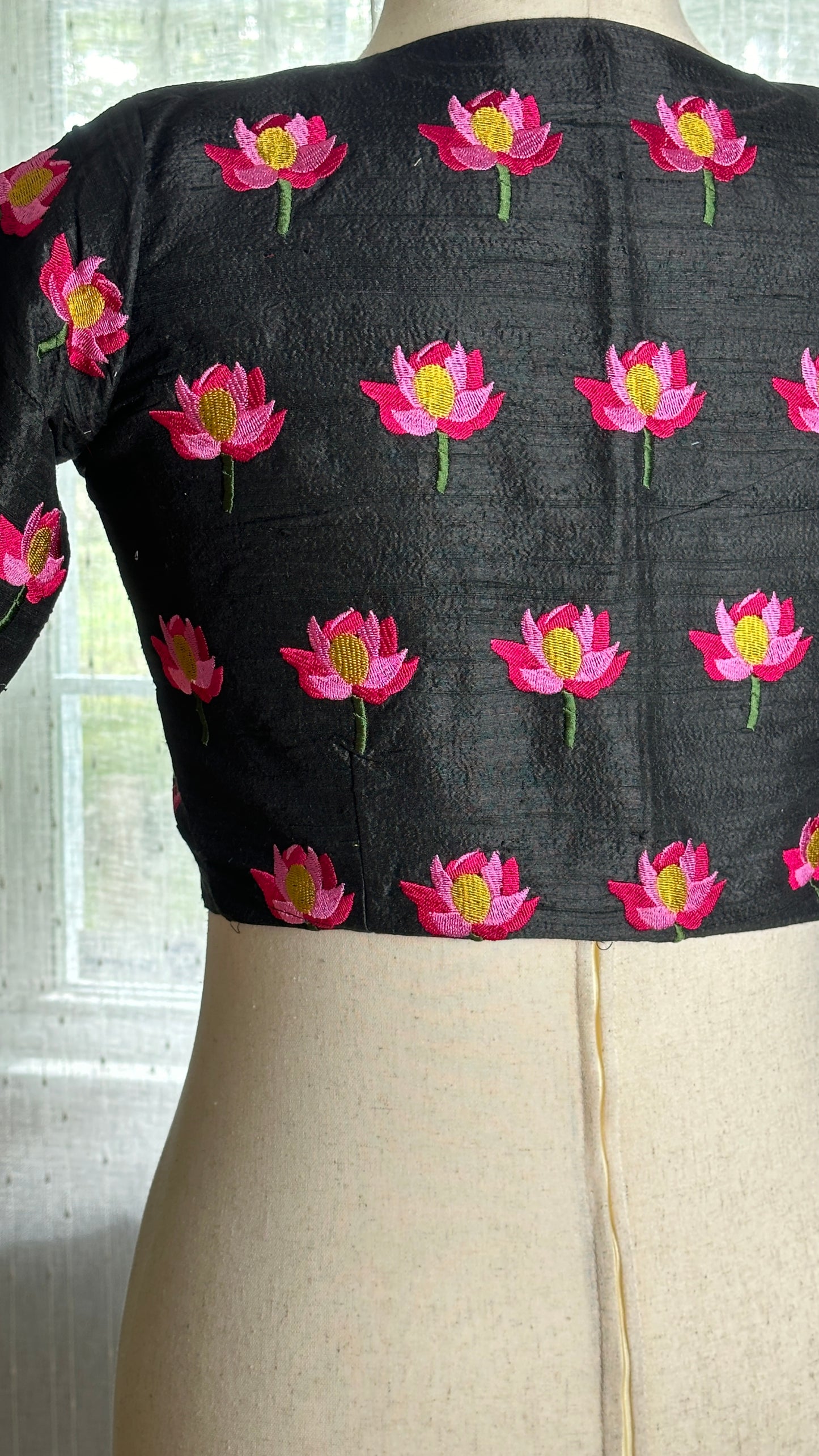 "Kamala" collection - pure raw silk blouse embroidered with lotus motifs in black