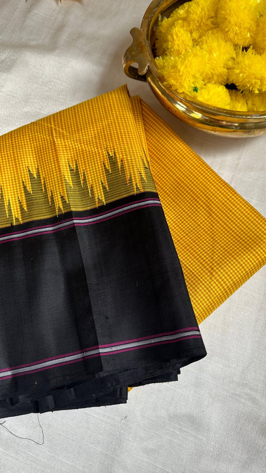 Pure Kanjeevaram silk saree Ravina in yellow and biscuit brown with rich zari border flat lay