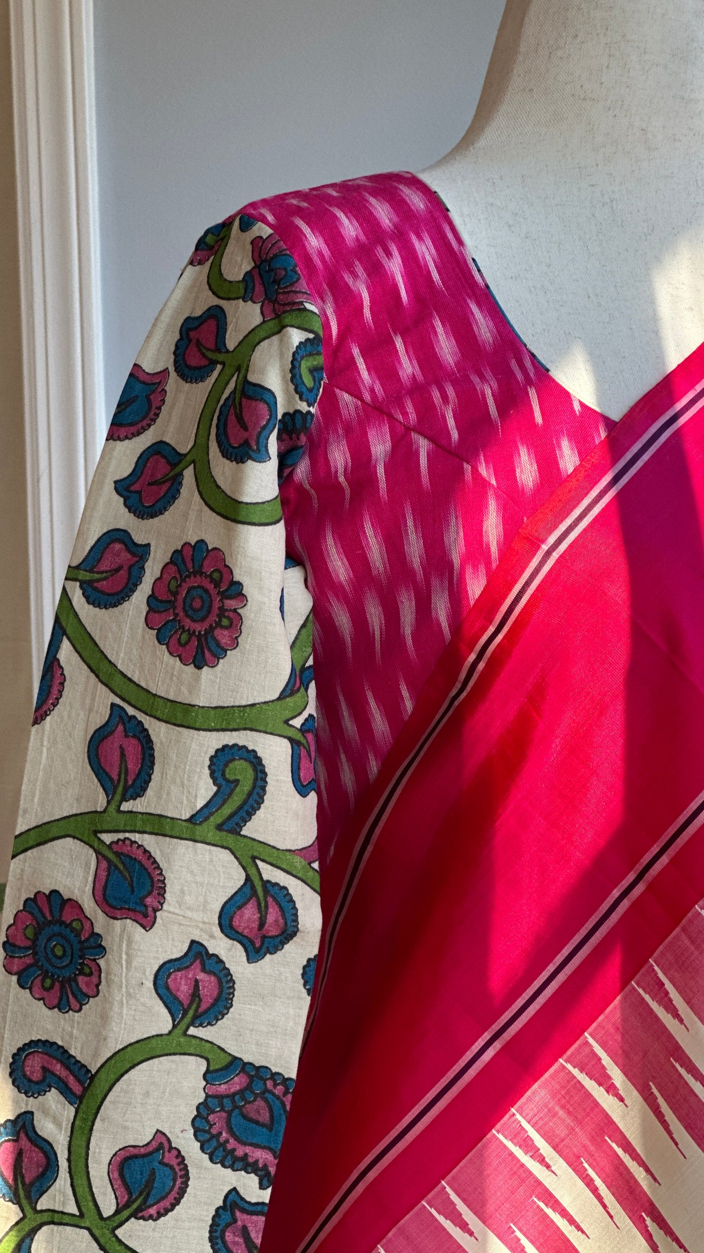 "Charu" collection - Ikat and kalamkari blouse in pink,green and white