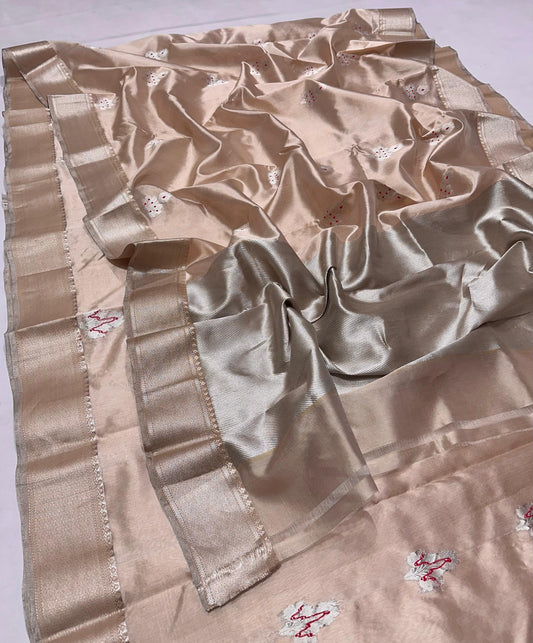 Pure silk Chanderi pastel beige with pink meena saree