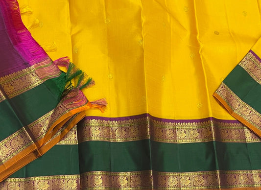Amrita Pallavi — Kanchipuram Pure Silk
Marigold Yellow Body with Gold Zari Buttas ✨
Deep Bottle-Green Korvai Borders with Paisley Zari & Violet Selvedge
Regal Purple Pallu with Diamond Jaal and Leaf Columns 🌸
Silk Mark Certified | Free USA Shipping |