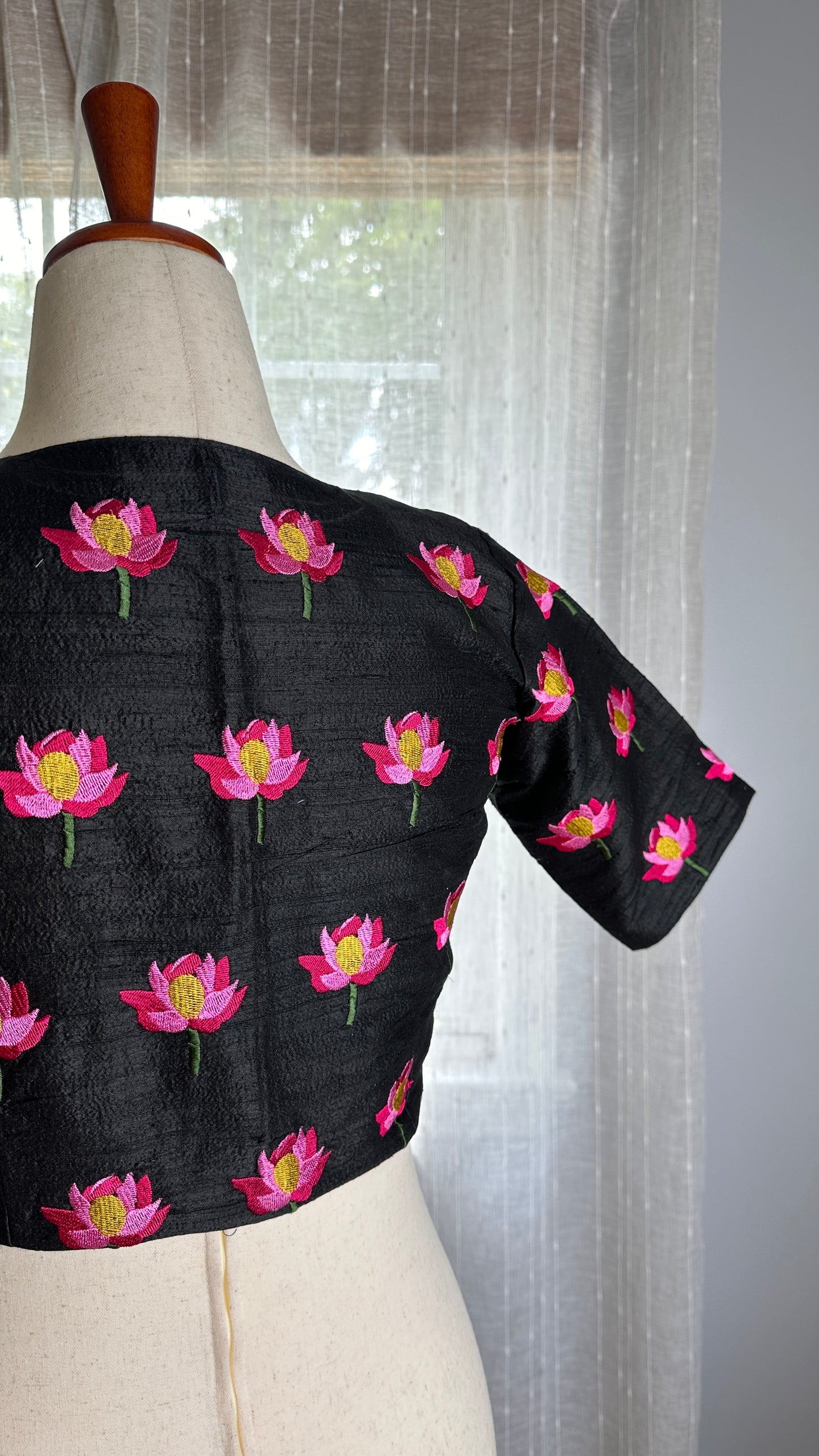 "Kamala" collection - pure raw silk blouse embroidered with lotus motifs in black