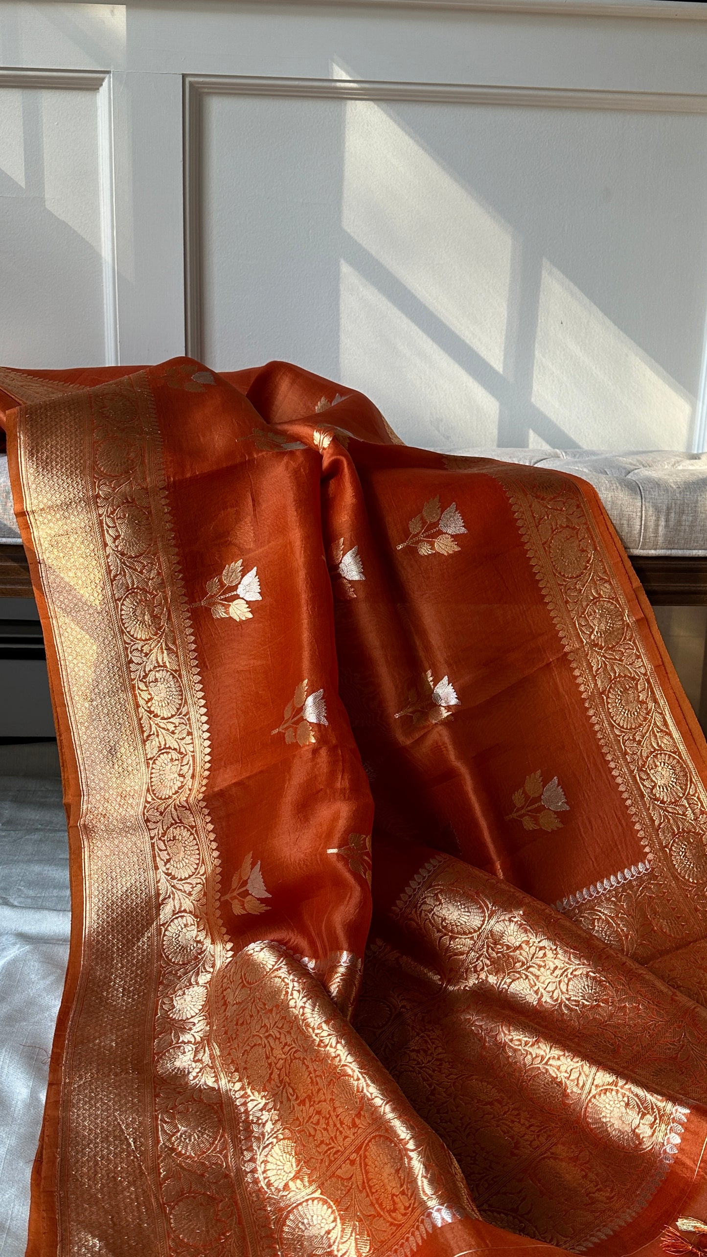 Pre order Pure Kora silk Banarasi saree - kadhwa - golden Amber,Orange ( ships in 2 weeks )