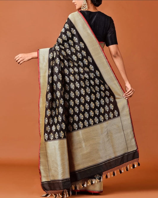 Pure silk chanderi in black and gold with red selvedge zari woven motifs