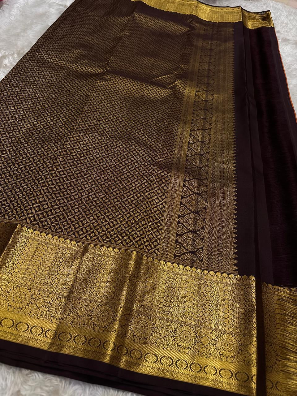 Gilded Rust Orange + Paaku Nut Brown — Pure Silk Kanchipuram
Rust-orange body with gold coin buttas & deep nut-brown korvai border in grand medallion zari
Silk Mark Certified • Free USA Shipping • Ships in Two Weeks ✅