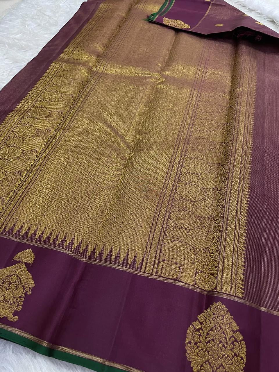 Dusty purple twin peacock Kanchipuram zari kattam saree, showing body, border and detailed gold zari pallu