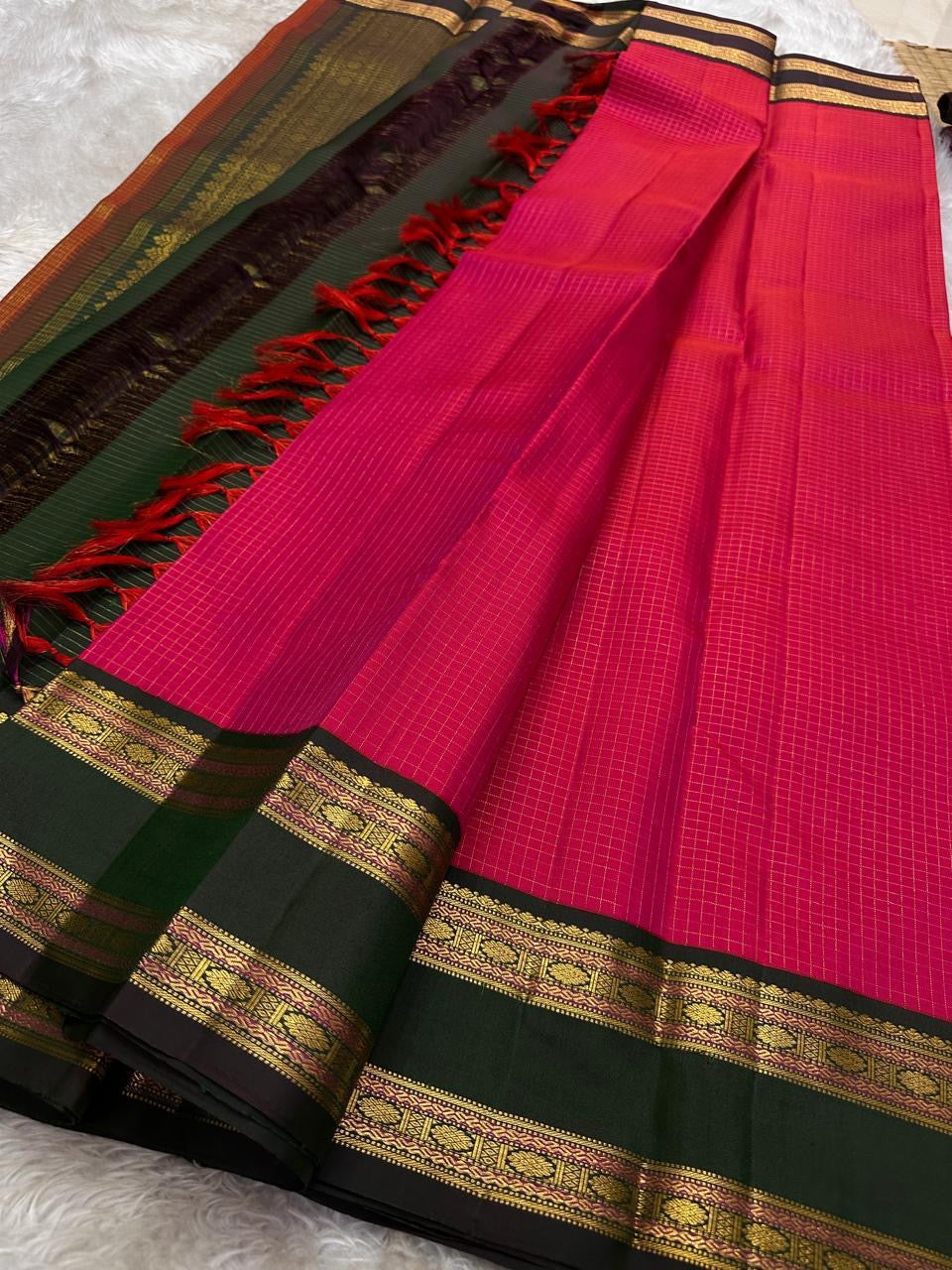 Vivid pink zari kattam with green rettapet Rudhraksham border