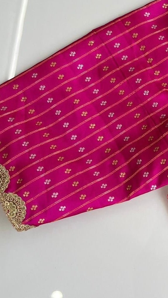 Rani pink Banarasi silk blouse back view showing neckline and sleeve detail