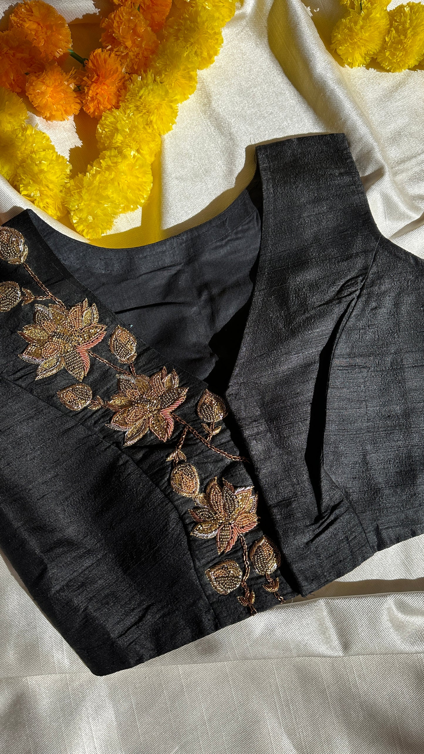 "zoya" collection - Pure raw silk ( 100gms) embroidered blouse in gold, silver and copper zardosi in black