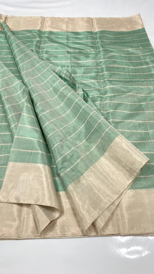 Pure silk Chanderi handloom pale green striped saree